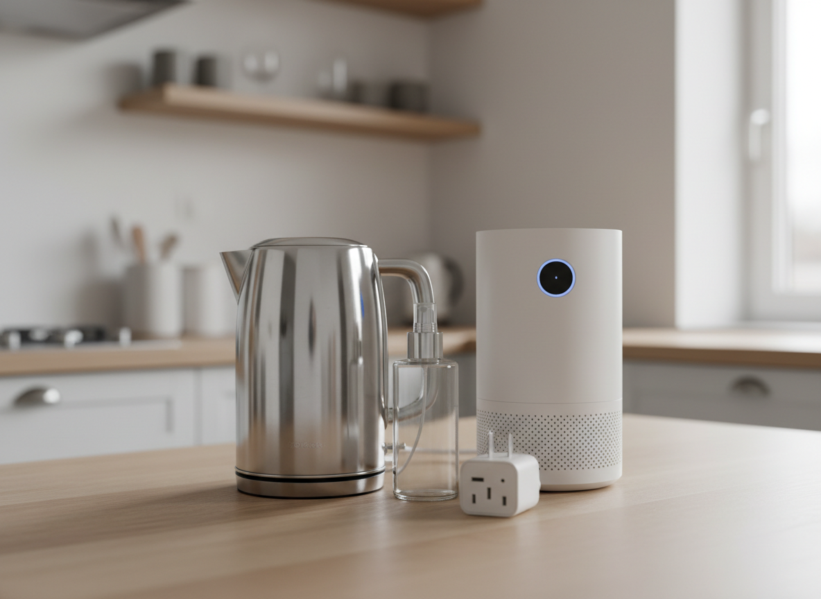 A collection of neatly arranged home products displayed on a smooth, light oak tabletop, featuring a stainless steel electric kettle, a matte white air purifier with a subtle LED indicator, a clear glass spray bottle, and a compact smart plug. The background shows softly blurred white cabinetry and neutral-toned shelves. Natural daylight from an unseen window washes the scene with even, diffused brightness, creating gentle reflections on metal surfaces and soft shadows under each item. Photographic realism with a clean, modern aesthetic, shot at eye level with a slight three-quarter angle and shallow depth of field. The mood is professional, trustworthy, and organized, suggesting carefully tested favorites that genuinely work in a real home environment.