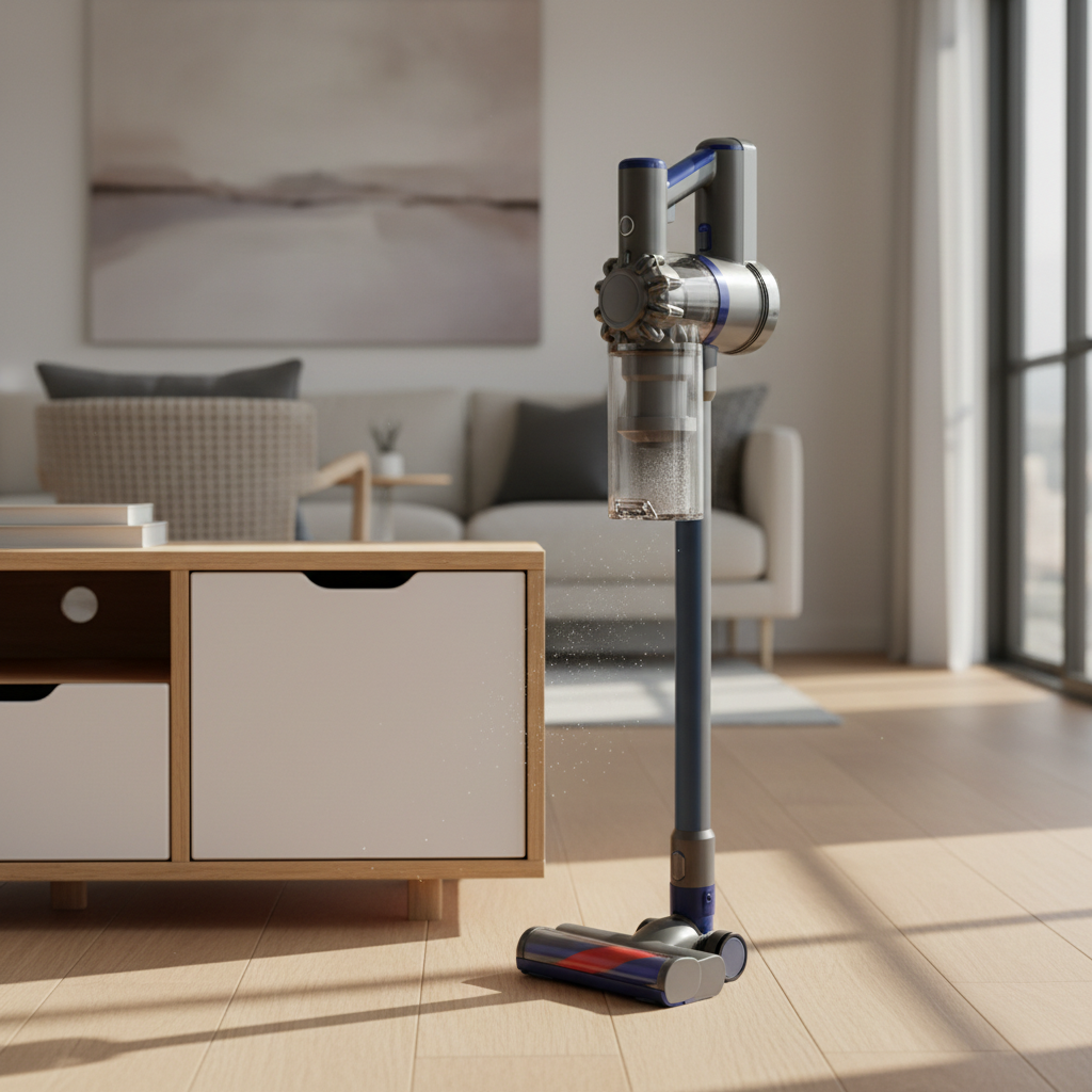 A single, well-designed cordless vacuum in graphite gray and deep navy, standing upright on a spotless hardwood floor beside a low, modern media console. The vacuum’s sleek body and transparent dust canister are in sharp focus, showing subtle textures and precise engineering. Soft afternoon light enters from the right, casting a crisp yet gentle shadow and highlighting the clean lines. The background fades into a soft bokeh of a minimalist living room with neutral textiles. Photographic realism, composed using the rule of thirds with an eye-level perspective. The atmosphere is calm, efficient, and professional, emphasizing a reliable tool that has clearly proven itself in daily use.